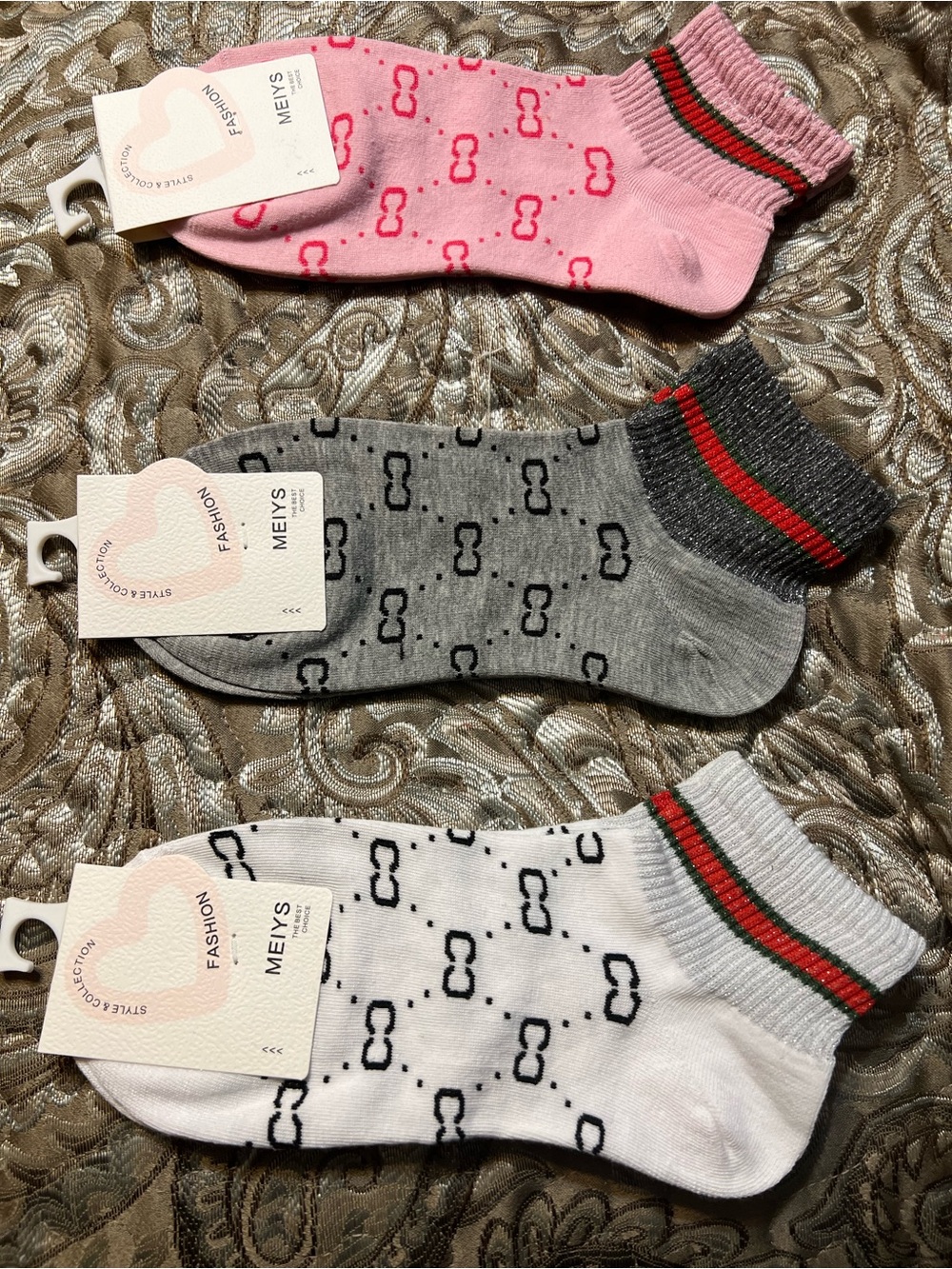 Fashion Patterned Women Ankle Socks - Pink, White, Gray (3-Pack)